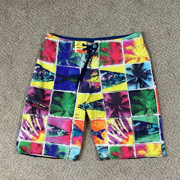 Salt Life Board Shorts Mens 32 SLX-QD Vapor Stretch Fish Beach Swim Trunks AOP - Picture 1 of 5